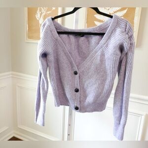 White House Black Market lilac cropped button up sweater with puffed sleeves